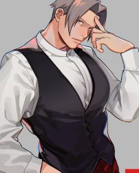 Rule 34 | 1boy, ace attorney, ace attorney investigations, bad id, bad twitter id, black vest, finger to face, formal, grey hair, highres, looking at viewer, male focus, miles edgeworth, paguraisu, pants, parted bangs, red pants, shirt, short hair, simple background, solo, upper body, vest, white shirt