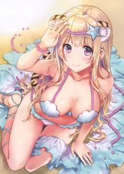 Rule 34 | 1girl, absurdres, animal ears, arm support, bare shoulders, bikini, blonde hair, breasts, cat ears, cat tail, closed mouth, day, fingernails, hair ornament, highres, large breasts, long hair, looking at viewer, otabe sakura, outdoors, purple eyes, scan, shiny skin, sidelocks, sitting, smile, solo, swimsuit, tail, tiger ears, tiger tail, toranoana