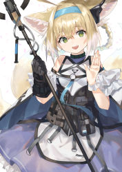 Rule 34 | 1girl, absurdres, animal ears, arknights, arm cuffs, bag, black choker, black gloves, black vest, blonde hair, braided hair rings, breasts, choker, cloak, commentary, cowboy shot, dress, earpiece, fox ears, fox tail, gloves, green eyes, hair between eyes, hair rings, hairband, head tilt, highres, holding, holding staff, infection monitor (arknights), looking at viewer, medium hair, multicolored hair, multiple tails, open mouth, petals, satchel, simple background, small breasts, smile, solo, staff, strap, suzuran (arknights), tactical clothes, taht (that is mm), tail, two-tone hair, vest, waving, white background, white dress, white hair, wrist cuffs