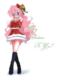 Rule 34 | 00s, 1girl, bad id, bad pixiv id, bell, blush, boots, breasts, christmas, cursive, dress, english text, full body, glasses, hand on own hip, legs, long hair, looking at viewer, lucky star, medium breasts, mizushima (p201112), pink hair, purple eyes, santa costume, simple background, smile, solo, standing, takara miyuki, white background