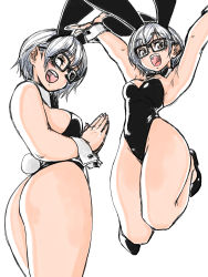 Rule 34 | 1girl, absurdres, animal ears, armpits, arms up, ass, bad id, bad twitter id, bare legs, black-framed eyewear, black leotard, black neckwear, bow, bowtie, breasts, brown eyes, commentary request, copyright request, cuffs, detached collar, fake animal ears, glasses, highres, jumping, legs up, leotard, looking at viewer, medium breasts, multiple views, open mouth, outline, own hands together, playboy bunny, rabbit ears, rabbit tail, simple background, smile, tail, toshinoshin, white background, white outline