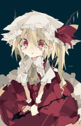 Rule 34 | 1girl, :o, aqua background, arm support, artist name, ascot, bad id, bad pixiv id, bags under eyes, blonde hair, constricted pupils, crying, crying with eyes open, dark background, empty eyes, eyes visible through hair, flandre scarlet, frilled cuffs, frilled shirt collar, frills, from above, hair between eyes, hat, hat ribbon, holding, holding weapon, kere (kere9r), laevatein (touhou), long hair, looking up, mob cap, no nose, parted lips, petticoat, puffy short sleeves, puffy sleeves, red eyes, red ribbon, ribbon, sad, short sleeves, side ponytail, sitting, solo, stain, stained clothes, tears, touhou, v arms, weapon, white hat, wing collar, wings, wrist cuffs, yellow ascot