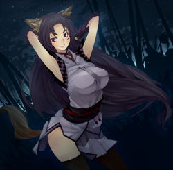 Rule 34 | 1girl, amami amayu, animal ears, armpits, arms behind head, black hair, breasts, eyeliner, fishnet thighhighs, fishnets, forest, fox ears, fox tail, gloves, japanese clothes, large breasts, long hair, makeup, monster collection, nature, night, purple eyes, smile, tail, thighhighs, very long hair