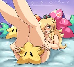 Rule 34 | 1girl, blonde hair, blush, breasts, censored, convenient censoring, crown, earrings, green eyes, hair over one eye, jewelry, leg lift, long hair, luma (mario), lying, mario (series), mysteriouspackage, nail polish, naughty face, nintendo, nipples, nude, on back, open mouth, pillow, rosalina, solo, super mario bros. 1, super mario galaxy