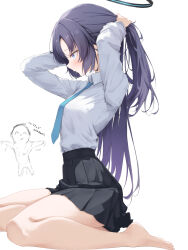 Rule 34 | 1boy, 1girl, adjusting hair, barefoot, black skirt, blue archive, blue eyes, blue necktie, breasts, collared shirt, doodle sensei (blue archive), haamon (harmon), halo, highres, long hair, mechanical halo, medium breasts, mouth hold, necktie, pleated skirt, profile, purple hair, sensei (blue archive), shirt, simple background, skirt, toes, white background, white shirt, yuuka (blue archive)