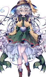 Rule 34 | 1girl, alternate hair length, alternate hairstyle, black hat, blush, boots, breasts, brown footwear, closed mouth, commentary, fant, frilled skirt, frills, green eyes, green skirt, grey hair, hat, hat ribbon, heart, heart of string, highres, komeiji koishi, legs, long hair, long sleeves, looking at viewer, ribbon, simple background, skirt, smile, solo, third eye, touhou, white background, yellow ribbon