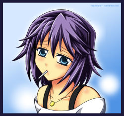 Rule 34 | 00s, 1girl, bare shoulders, blue eyes, candy, collarbone, food, jewelry, lollipop, looking at viewer, mouth hold, necklace, off-shoulder shirt, purple hair, rosario+vampire, shirayuki mizore, shirt, short hair, solo, upper body, white shirt