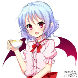 Rule 34 | 1girl, bat wings, blue hair, bracelet, cup, dress, fang, jewelry, junior27016, looking at viewer, open mouth, pointy ears, red eyes, remilia scarlet, short hair, simple background, teacup, touhou, white background, white dress, wings