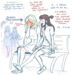 Rule 34 | 10s, :d, arm grab, artist request, bench, blush, blush stickers, brown hair, diana cavendish, english text, facepalm, holding hands, japanese clothes, kagari atsuko, kimono, little witch academia, obi, open mouth, park bench, sash, shoes, smile, sneakers, ticcy, white background, yuri