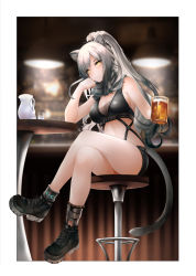 Rule 34 | 1girl, alcohol, animal ears, arknights, bare arms, bare legs, bare shoulders, beer, beer mug, black footwear, breasts, cat ears, commentary, crop top, cup, full body, hand up, highres, indoors, long hair, looking at viewer, medium breasts, midriff, mug, noir (4chan), schwarz (arknights), shoes, silver hair, sitting, sleeveless, smile, solo, stomach, stool, thighs, yellow eyes