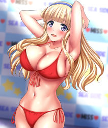 Rule 34 | 1girl, absurdres, bikini, blonde hair, blue hairband, blurry, blurry background, breasts, cleavage, commentary request, covered erect nipples, cowboy shot, double bun, fletcher (kancolle), front-tie bikini top, front-tie top, hair bun, hairband, highres, kantai collection, large breasts, long hair, looking at viewer, purple eyes, red bikini, side-tie bikini bottom, solo, swimsuit, zanntetu