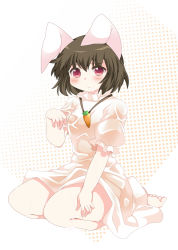Rule 34 | 1girl, animal ears, bad id, bad pixiv id, barefoot, blush, brown hair, rabbit ears, carrot, carrot necklace, dress, female focus, hammer (sunset beach), inaba tewi, jewelry, necklace, pendant, red eyes, short hair, solo, touhou, wet, wet clothes, wet dress