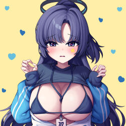 Rule 34 | 1girl, absurdres, bikini, black shirt, blue archive, blue jacket, blush, breasts, facial mark, halo, heart, heart-shaped pupils, highres, id card, jacket, lanyard, large breasts, long hair, long sleeves, looking at viewer, mechanical halo, metaljelly, micro bikini, official alternate costume, open mouth, ponytail, purple eyes, purple hair, shirt, solo, star (symbol), swimsuit, symbol-shaped pupils, track jacket, yuuka (blue archive), yuuka (track) (blue archive)