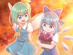 Rule 34 | 2girls, :&gt;, abstract background, arms behind back, artist name, ascot, bag, blue dress, blue eyes, blue hair, blue skirt, blue vest, bright pupils, cirno, collarbone, commentary request, cowboy shot, daiyousei, day, dress, fairy wings, food, from above, green hair, hair ribbon, highres, holding, holding bag, looking at another, multiple girls, hugging object, open mouth, outdoors, paper bag, pinafore dress, puffy short sleeves, puffy sleeves, ribbon, shirt, short hair, short sleeves, side ponytail, skirt, sleeveless dress, steam, sweet potato, touhou, vest, white pupils, white shirt, wings, yellow ascot, zanasta0810