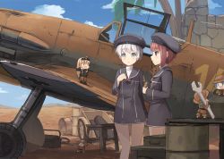 Rule 34 | 10s, 5girls, aircraft, airplane, anchor print, bf 109, blonde hair, blue eyes, blue hair, blue sky, blunt bangs, bomber jacket, brown eyes, brown hair, cloud, commentary request, day, desert, dress, drum (container), eyewear on head, fairy (kancolle), glasses, hand on own chest, hanna-justina marseille, hat, highres, isegawa yasutaka, jacket, kantai collection, mountain, multiple girls, open mouth, pantyhose, sailor dress, sailor hat, short hair, sidelocks, sky, strike witches, sunglasses, tree, vehicle focus, wall, world war ii, world witches series, wrench, z1 leberecht maass (kancolle), z3 max schultz (kancolle)