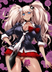 Rule 34 | 1girl, bear hair ornament, black background, black bra, black choker, black necktie, black shirt, blonde hair, blood, blood splatter, blue eyes, blush, bow, bowtie, bra, bra peek, breasts, buttons, choker, cleavage, closed mouth, collarbone, danganronpa: trigger happy havoc, danganronpa (series), ears, enoshima junko, female focus, gggg, hair ornament, hand on own hip, highres, large breasts, leg tattoo, legs, long hair, looking at viewer, looking down, multicolored background, multicolored necktie, multicolored neckwear, neck, necktie, no panties, nose, pink background, pink blood, pink lips, pleated skirt, polka dot, polka dot bra, purple tattoo, pussy, red bow, red bowtie, red skirt, rose tattoo, shiny skin, shirt, simple background, skirt, sleeves past elbows, solo, splatter background, tan, tattoo, tattoo on legs, thighs, tongue, tongue out, twintails, underwear, white necktie, white shirt