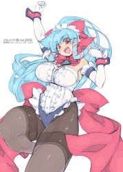 Rule 34 | 1girl, bad id, bad pixiv id, blue hair, breasts, elbow gloves, frills, gloves, huge breasts, large breasts, legs, long hair, maid, maid headdress, mel/a, melmaid, muscular, open mouth, original, pantyhose, plump, ponytail, red eyes, ribbon, sidelocks, solo, thick thighs, thighs