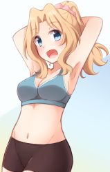 Rule 34 | 10s, 1girl, armpits, arms up, bad id, bad pixiv id, bike shorts, black shorts, blonde hair, blue eyes, blush, breasts, cleavage, cowboy shot, girls und panzer, highres, kapatarou, kay (girls und panzer), long hair, looking at viewer, open mouth, ponytail, scrunchie, shorts, smile, solo, sports bra, standing, white background