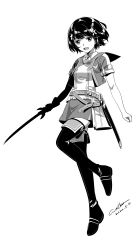 Rule 34 | 1girl, :d, akatsuki no kiseki, artist name, boots, chloe barnett, commentary, cropped jacket, dated, eiyuu densetsu, flower, full body, greyscale, hair flower, hair ornament, holding, holding sword, holding weapon, jacket, looking at viewer, miniskirt, monochrome, open clothes, open jacket, open mouth, scabbard, sheath, shirt, short hair, short sleeves, signature, simple background, skirt, smile, solo, sword, thigh boots, thighhighs, unsheathed, weapon, werkbau, white background, zettai ryouiki