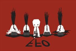 Rule 34 | 5boys, black eyes, burnt (off), calligraphy brush, claws, copyright name, elsen (off), formal, kneeling, male focus, monochrome, multiple boys, necktie, no humans, object head, off (game), paintbrush, red background, saba sushi, square head, suit, writing