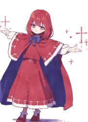 Rule 34 | 1girl, aged down, ankle socks, blue bow, blue bowtie, blush, bobby socks, bow, bowtie, bright pupils, cape, capelet, closed mouth, commentary, cross-shaped pupils, dress, full body, highres, long dress, long sleeves, looking at viewer, mary janes, nama udon, okazaki yumemi, outstretched arms, red cape, red capelet, red dress, red eyes, shoes, short hair, simple background, smile, socks, solo, spread arms, standing, symbol-shaped pupils, touhou, touhou (pc-98), white background, white pupils, white socks
