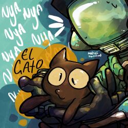 Rule 34 | animal, artist name, black cat, canti, cat, flcl, highres, holding, holding animal, humanoid robot, jacket, kitten, no humans, robot, science fiction, spanish text, takkun (flcl), television, xahzi