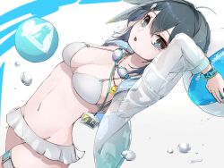Rule 34 | 1girl, :d, arknights, arms up, ball, beach umbrella, bikini, black hair, blue eyes, bracelet, breasts, bright pupils, cleavage, dutch angle, feather hair, frilled bikini, frills, goggles, goggles around neck, holding, holding ball, id card, infection monitor (arknights), jacket, jewelry, kakakaeru, la pluma (arknights), la pluma (summer flowers) (arknights), large breasts, long sleeves, looking at viewer, navel, official alternate costume, open clothes, open jacket, open mouth, rhodes island logo (arknights), see-through, short hair, simple background, smile, solo, stomach, swimsuit, thigh strap, umbrella, whistle, whistle around neck, white background, white bikini, white jacket