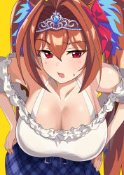 Rule 34 | 1girl, animal ears, bare shoulders, blouse, blush, breasts, brown hair, cleavage, collarbone, daiwa scarlet (umamusume), hair intakes, hands on own hips, horse ears, horse girl, large breasts, long hair, looking at viewer, mitche, open mouth, red eyes, shirt, tiara, twintails, umamusume, very long hair, white shirt, yellow background