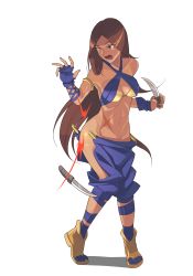 Rule 34 | 00s, 1girl, absurdres, armlet, baka guruo, breasts, brown eyes, brown hair, criss-cross halter, cutting, dark-skinned female, dark skin, dungeon and fighter, fingerless gloves, full body, gloves, halterneck, halterneck, highres, large breasts, long hair, mad brigand (dungeon and fighter), open mouth, scar, solo, standing, tears, torn clothes, transparent background, very long hair