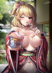 Rule 34 | 1girl, ;p, animal print, bare shoulders, bear print, blonde hair, blurry, blurry background, breasts, cleavage, collarbone, commentary, cowboy shot, dot nose, floral print, food, hair ornament, hand on own chest, highres, holding, holding spoon, ice cream, ice cream cup, japanese clothes, kimono, large breasts, looking at viewer, medium hair, navel, nipples, off shoulder, one eye closed, original, panda print, pinkmarine, red eyes, red kimono, shadow, side ponytail, signature, sitting, solo, spoon, sweat, symbol-only commentary, tongue, tongue out, topless