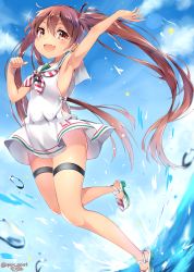 Rule 34 | 10s, 1girl, arm up, armpits, brown eyes, brown hair, dark-skinned female, dark skin, day, dress, fang, highres, jumping, kantai collection, libeccio (kancolle), long hair, nyum, open mouth, shoes, short dress, side slit, sleeveless, sleeveless dress, smile, solo, splashing, sundress, thigh strap, twintails, water, white dress