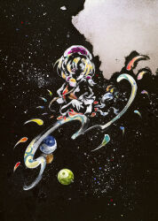 Rule 34 | 1girl, abstract, absurdres, black background, blonde hair, hair ornament, hat, highres, ikeda ruriko, jewelry, looking at viewer, magatama, magatama necklace, medium hair, necklace, one eye closed, painting (medium), puffy short sleeves, puffy sleeves, red vest, short sleeves, smile, solo, tamatsukuri misumaru, touhou, traditional media, upper body, vest, yin yang