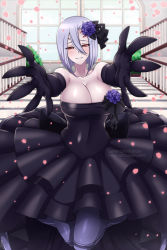 Rule 34 | 1girl, arachne, arthropod girl, bare shoulders, black dress, black gloves, blue flower, breasts, carapace, cleavage, commission, dress, elbow gloves, extra eyes, flower, gloves, hair between eyes, half-closed eyes, happy, incoming hug, insect girl, large breasts, lindaroze, looking at viewer, monster girl, monster musume no iru nichijou, no pupils, open hands, open mouth, outstretched arms, parted lips, pov, rachnera arachnera, reaching, reaching towards viewer, red eyes, short hair, smile, solo, spider girl, stairs, taur, watermark, web address, white hair