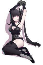 Rule 34 | 1girl, architect (girls&#039; frontline), armpits, arms up, ass, asymmetrical clothes, bdsm, black hair, black thighhighs, blunt bangs, blush, bondage, boots, bound, breasts, chain, cleavage, collarbone, cuffs, girls&#039; frontline, highres, large breasts, long hair, looking at viewer, medium breasts, one side up, pale skin, parted lips, pink eyes, purple eyes, restrained, sangvis ferri, shackles, side-tie costume, side ponytail, sidelocks, simple background, smile, solo, sweatdrop, thighhighs, thighs, very long hair, white background, xiujia yihuizi