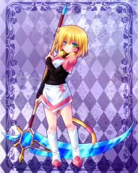 Rule 34 | 00s, 1girl, argyle, argyle background, argyle clothes, bad id, bad pixiv id, black shirt, blonde hair, boots, breasts, checkered background, closed mouth, crystal (shape), facing viewer, female focus, final fantasy, final fantasy ix, flower, full body, green eyes, hair ornament, hair tubes, hand up, holding, holding scythe, holding weapon, knee boots, large weapon, long sleeves, looking at viewer, medium breasts, medium hair, mikoto (ff9), mikoto (ffix), minatosaiga, multicolored clothes, multicolored shirt, multicolored skirt, pink shirt, purple background, scythe, shirt, short sleeves, skirt, solo, standing, tail, tail ornament, weapon, white shirt