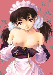 Rule 34 | 1girl, apron, breasts, clothes pull, dress pull, earrings, eyeshadow, female focus, frilled gloves, frills, gloves, highres, jewelry, kobayashi yuji, lipstick, looking at viewer, maid, maid apron, maid headdress, makeup, nipples, no bra, small breasts, solo, stud earrings, topless, twintails, white gloves