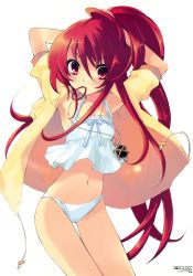 Rule 34 | 00s, 1girl, absurdres, adjusting hair, alastor (shakugan no shana), armpits, bottomless, bustier, camisole, flat chest, highres, huge filesize, incredibly absurdres, ito noizi, jewelry, lingerie, long hair, mouth hold, navel, no pants, open clothes, open shirt, panties, pendant, ponytail, red eyes, red hair, shakugan no shana, shana, shirt, solo, underwear