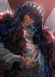 Rule 34 | 1boy, arthropod limbs, bishounen, black cloak, blood, blood on clothes, blood on face, cloak, diamond hairband, dragonfly wings, expressionless, fate/grand order, fate (series), fur-trimmed cloak, fur trim, half-closed eyes, hand up, head tilt, highres, looking at viewer, male focus, medium hair, miroku (butuzo33), oberon (third ascension) (fate), official alternate hair color, solo, spoilers