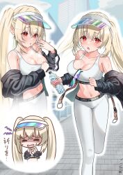 Rule 34 | 1girl, absurdres, azur lane, bare shoulders, black jacket, blonde hair, bottle, breasts, chibi, cleavage, collarbone, highres, holding, holding bottle, jacket, jogging, kersaint (azur lane), kersaint (reverent runner) (azur lane), large breasts, long hair, looking at viewer, marimo daifuku, midriff, multiple views, navel, off shoulder, official alternate costume, open clothes, open jacket, own hands clasped, own hands together, pants, red eyes, signature, solo, sports bra, sunglasses, sweat, track pants, twintails, visor cap, white pants, white sports bra