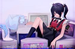Rule 34 | 1girl, absurdres, ame-chan (needy girl overdose), black eyes, black hair, black ribbon, blood, blood stain, bloody tears, chinese commentary, chouzetsusaikawa tenshi-chan, commentary request, expressionless, game over, hair ornament, halo, highres, kneehighs, looking at viewer, medium hair, monitor, multiple monitors, neck ribbon, needy girl overdose, no shoes, ribbon, sailor collar, sailor shirt, shancha yu, shirt, sitting, skirt, socks, suspender skirt, suspenders, twintails, x hair ornament