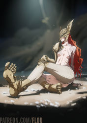 Rule 34 | 1girl, amputee, arm tattoo, armor, ass, bare shoulders, blurry, blurry background, blurry foreground, breasts, cleft of venus, collarbone, commentary, covered eyes, elden ring, english commentary, expressionless, fat mons, flou (flou art), flower, gold armor, hand on own knee, helmet, helmet over eyes, highres, injury, light, light rays, long hair, malenia blade of miquella, mechanical arms, nude, prosthesis, prosthetic arm, prosthetic leg, puffy nipples, pussy, red hair, scar, shiny skin, single bare shoulder, single mechanical arm, sitting, skinny, small breasts, solo, tattoo, thighs, triple amputee, very long hair, water, watermark, web address, winged helmet