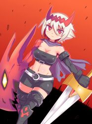 Rule 34 | 1girl, breasts, cape, cleavage, cougar (cougar1404), hair between eyes, midriff, navel, red background, red eyes, scar, shorts, solo, strapless, sword, thighhighs, tube top, weapon