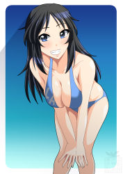 Rule 34 | 1girl, bent over, bikini, black hair, blue background, blue bikini, blue eyes, blush, border, breasts, cleavage, collarbone, female focus, freckles, girls und panzer, gradient background, grin, highres, ichijou takakiyo, large breasts, looking at viewer, parted lips, shiny skin, simple background, smile, solo, standing, swimsuit, white border, yamagou ayumi