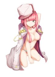 Rule 34 | 10s, 1girl, absurdres, apple ringo, arm up, breasts, cleavage, collarbone, darling in the franxx, full body, green eyes, hair over breasts, hairband, hat, highres, horns, jacket, jacket on shoulders, kneeling, long hair, looking at viewer, medium breasts, no bra, one eye closed, panties, peaked cap, pink hair, red horns, simple background, sitting, solo, striped clothes, striped panties, underwear, white hairband, zero two (darling in the franxx)