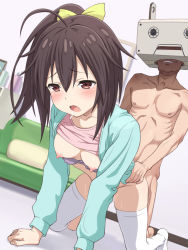 Rule 34 | 10s, 1boy, 1girl, all fours, blush, bra, bra pull, breasts, breasts out, brown eyes, brown hair, clothed female nude male, clothes lift, clothes pull, commentary request, doggystyle, frame arms girl, gennai ao, hair ribbon, hetero, meow (nekodenki), nipples, nude, open mouth, ponytail, ribbon, saliva, sex, sex from behind, shirt, shirt lift, short hair, small breasts, solo focus, thighhighs, torso grab, underwear, white thighhighs, yellow ribbon