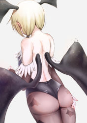 Rule 34 | 1girl, animal print, ass, back, bat print, bat wings, black gloves, black leotard, black wings, blonde hair, breasts, bridal gauntlets, commentary request, cosplay, elbow gloves, facing away, fingernails, from behind, gloves, head wings, ichii yui, leotard, long hair, low twintails, low wings, morrigan aensland, morrigan aensland (cosplay), pantyhose, print pantyhose, simple background, small breasts, solo, standing, tatsunokosso, twintails, vampire (game), white background, wings, yuyushiki