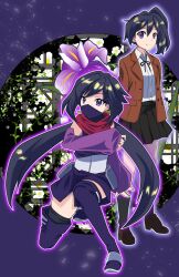 Rule 34 | 2girls, anna-his, ayame (gundam build divers), black hair, boots, commentary request, dual persona, elbow gloves, fingerless gloves, flower, fujisawa aya (gundam build divers), gloves, gundam, gundam build divers, highres, iris (flower), japanese clothes, kimono, long hair, looking at viewer, mask, mouth mask, multiple girls, ninja, ninja mask, purple background, purple eyes, purple mask, red scarf, scarf, school uniform, short kimono, split ponytail, thigh boots, thighhighs, very long hair