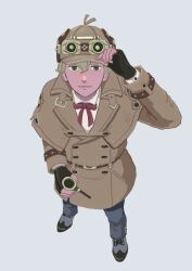 Rule 34 | 1boy, 23011620x, ace attorney, belt, black gloves, blonde hair, brown belt, brown coat, brown headwear, closed mouth, coat, fingerless gloves, from above, full body, gloves, goggles, goggles on head, grey pants, herlock sholmes, highres, jacket, long sleeves, looking at viewer, male focus, neck ribbon, pants, pink ribbon, ribbon, shirt, shoes, short hair, simple background, smoking pipe, solo, standing, the great ace attorney, white shirt