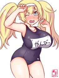 Rule 34 | 1girl, alternate costume, artist logo, black one-piece swimsuit, blonde hair, blue eyes, breasts, commentary request, contrapposto, cowboy shot, dated, gambier bay (kancolle), hairband, kanon (kurogane knights), kantai collection, large breasts, long hair, looking at viewer, one-hour drawing challenge, one-piece swimsuit, one eye closed, open mouth, simple background, solo, swimsuit, tears, twintails, white background, white hair