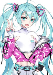 Rule 34 | 1girl, aqua eyes, aqua hair, aqua nails, asle, belt, fingerless gloves, gloves, hair between eyes, hand on own hip, hatsune miku, jacket, long hair, looking at viewer, midriff, nail polish, open mouth, simple background, solo, twintails, v, very long hair, vocaloid, white background